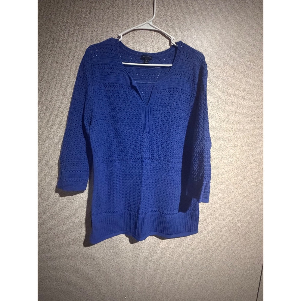 Talbots Royal Blue Crochet Open Knit Split V-Neck Sweater 3/4 Sleeve Large